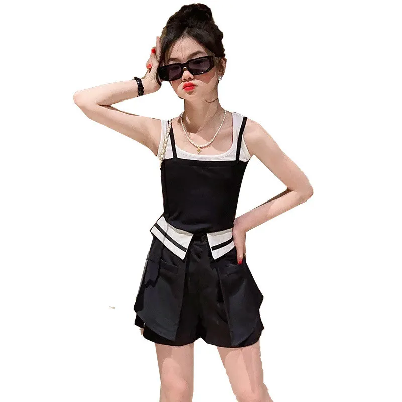 

Teen Girls Summer Clothing Sets Cool Vest Top+Shorts 2pcs Korean Children Suits Streetwear kid Outfit 4-14 ensemble short et top