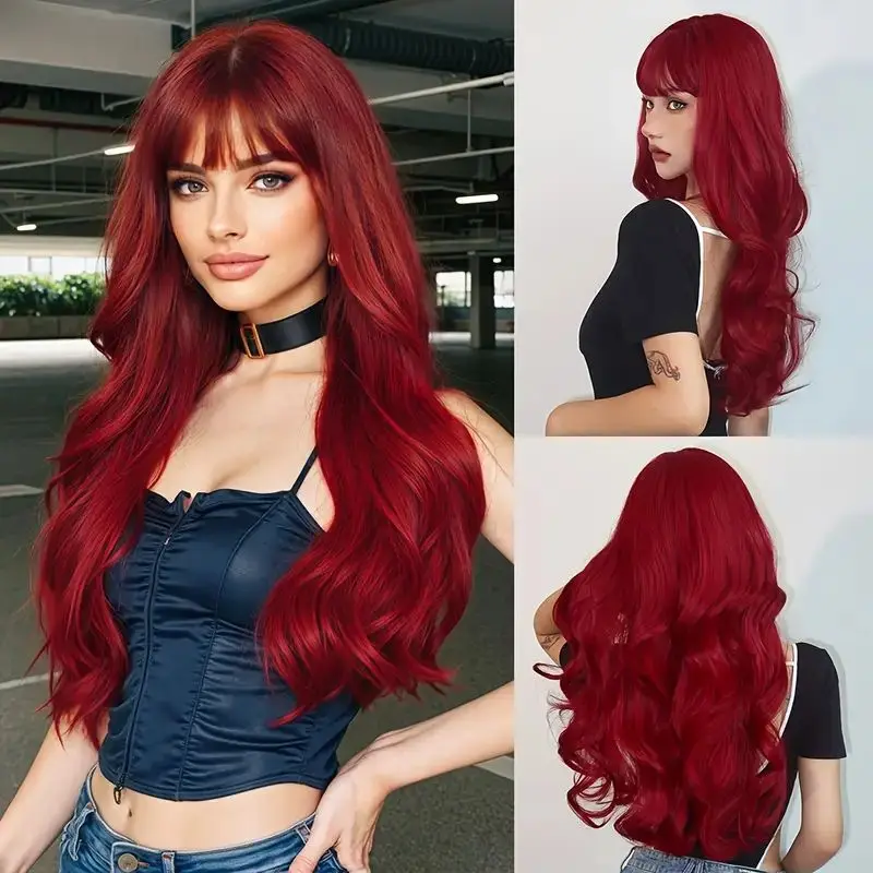 

Wine-red Synthetic Wig With Large Waves, Natural Air Bangs And Long Curly Hair Is Used By White Women For Daily Gatherings