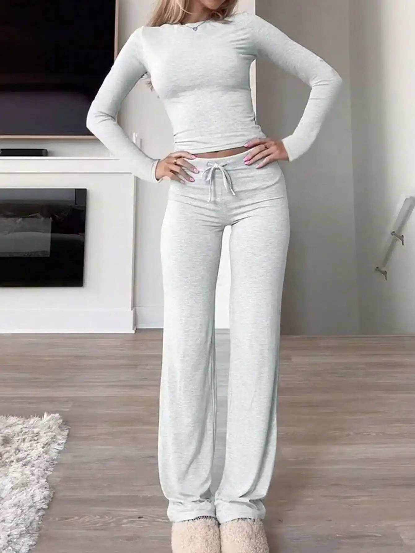 

Women's 2-Piece Solid Color Long Sleeve Top & Drawstring Pants Set - Casual Sporty Lounge Wear