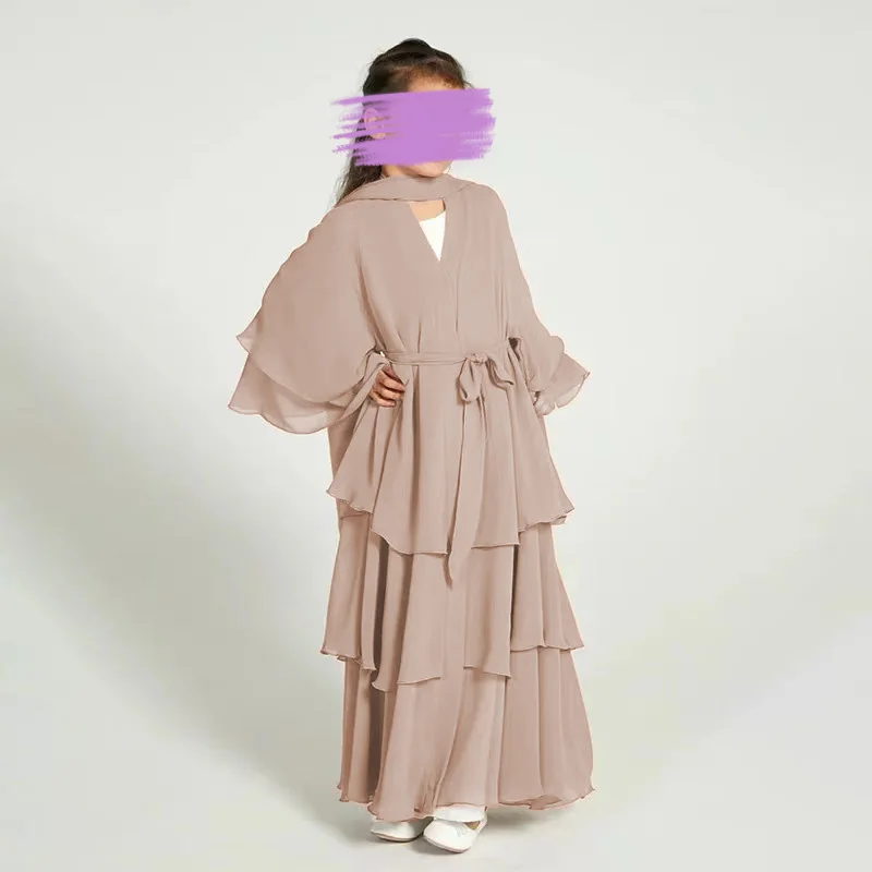 Children Front Open Abaya Chiffon 3 Layers Kids Abaya With Belt Islamic Little Girls Ramadan Clothing Muslim Solid Color Dresses