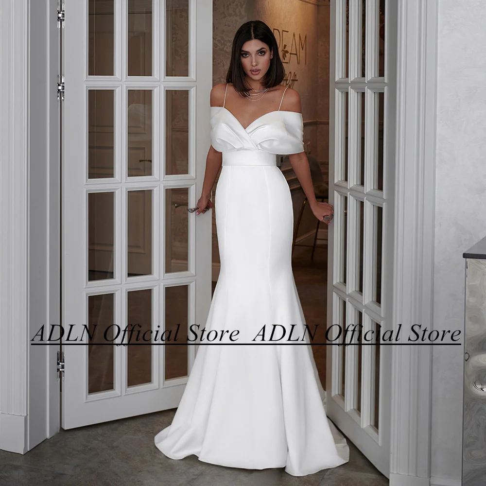 

ADLN Customized Wedding Dress Off The Shoulder with Thin Straps Pleat Sweep Train Robe De Mariage Mermaid Bridal Gown for Women