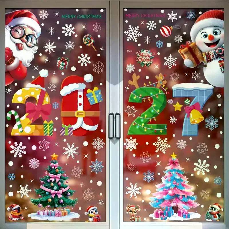 4/5 Sheets Snowman Reindeer Santa: Claus Christmas Tree Static Cling Decals 2027 Merry Window Stickers