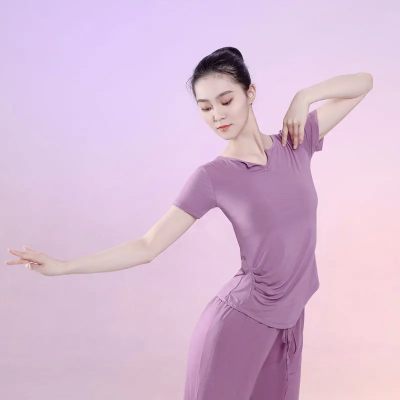 Women Casual Yoga T-shirt Soft Modal Elastic Long Sleeve V-Neck Solid T-shirt Sports top Practice suit train Dance costume