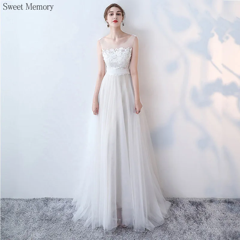 

A8133 Floor Length White Wedding Dresses Lace Tulle Vestidos Sweet Memory Women's Elegant Long Lace Banquet Evening Dress