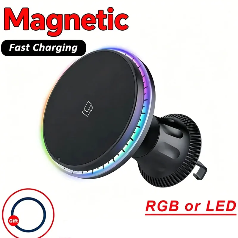 Magnetic Car Wireless Charger RGB For iPhone 13 14 15 16 17 Pro Max Macsafe Car Phone Holder Stand Mount Fast Charging Station