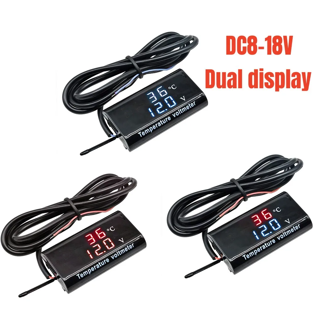 DC 12V Digital Temperature Voltmeter Meter IPX6 Waterproof for Boat Motorcycle 0.28 inch LED Display Volt Voltage Meter Battery