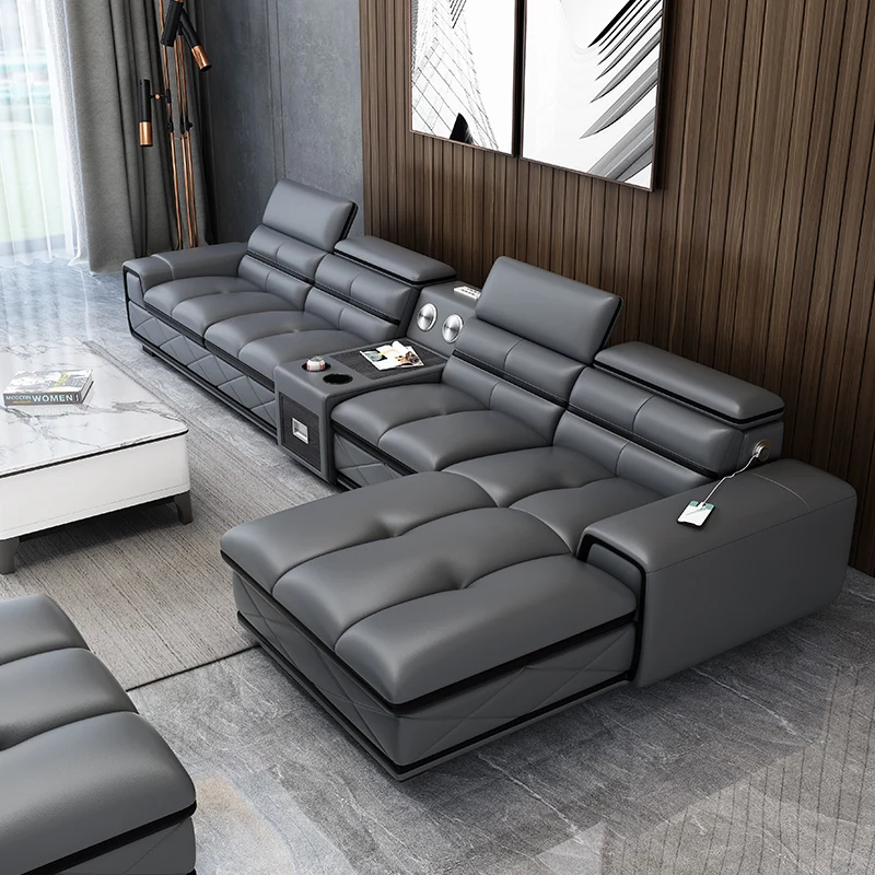 

Modern Genuine Leather Sectional Sofa Sets Couch Sofas with USB Charging and Bluetooth Speaker - MINGDIBAO Living Room Furniture