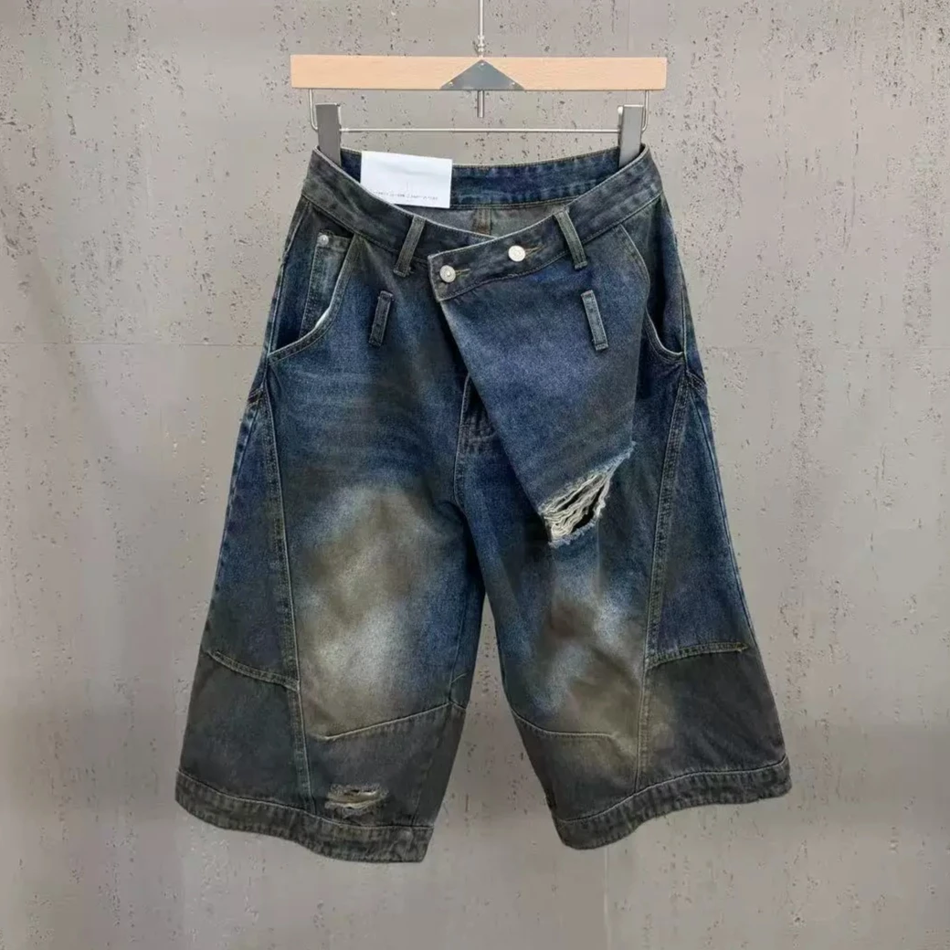 

2026 Summer New American Retro Washed Distressed Ripped Jeans Loose Wide Leg Cropped Jeans Trendy for Women