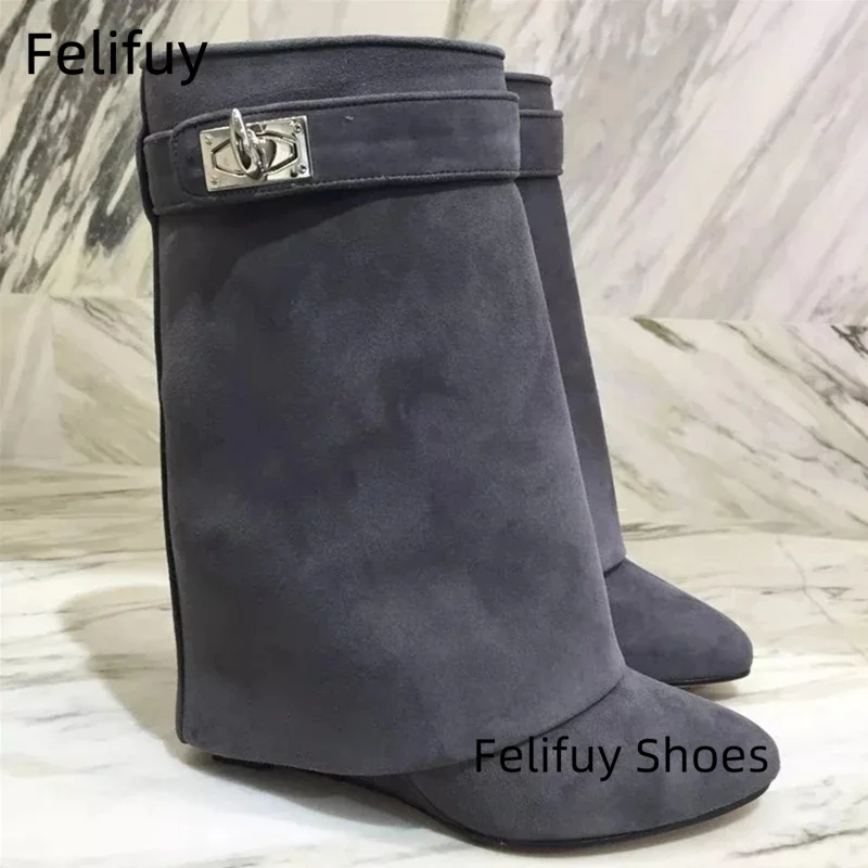 

Top Quality Autumn Women Boots Women Wedge Boots Genuine Leather Shark Lock Mid-calf Boots Height Increasing Botas Mujer Shoes