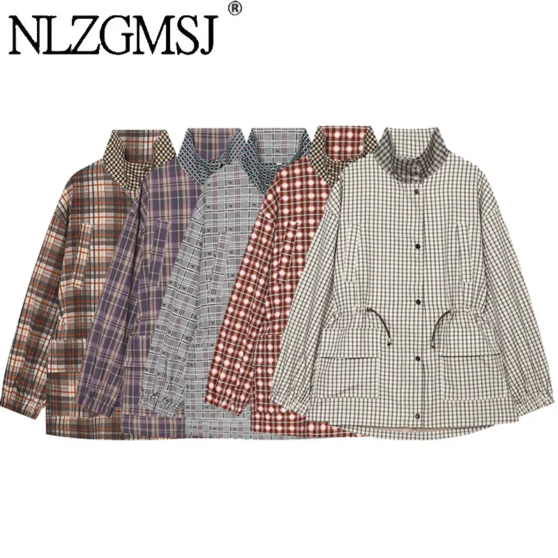 Nlzgmsj 2026 Autumn Women Vintage Plaid Stand Collar Windbreaker Drawstring Waist Oversized Long Sleeve Casual Jacket Streetwear