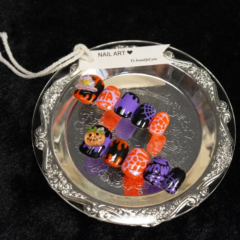 

10PCS Halloween Short Square Round Handmade Press on Nails 3D Horror Pumpkin Ghost Pattern Almond False Nails Wearable Fake Nail