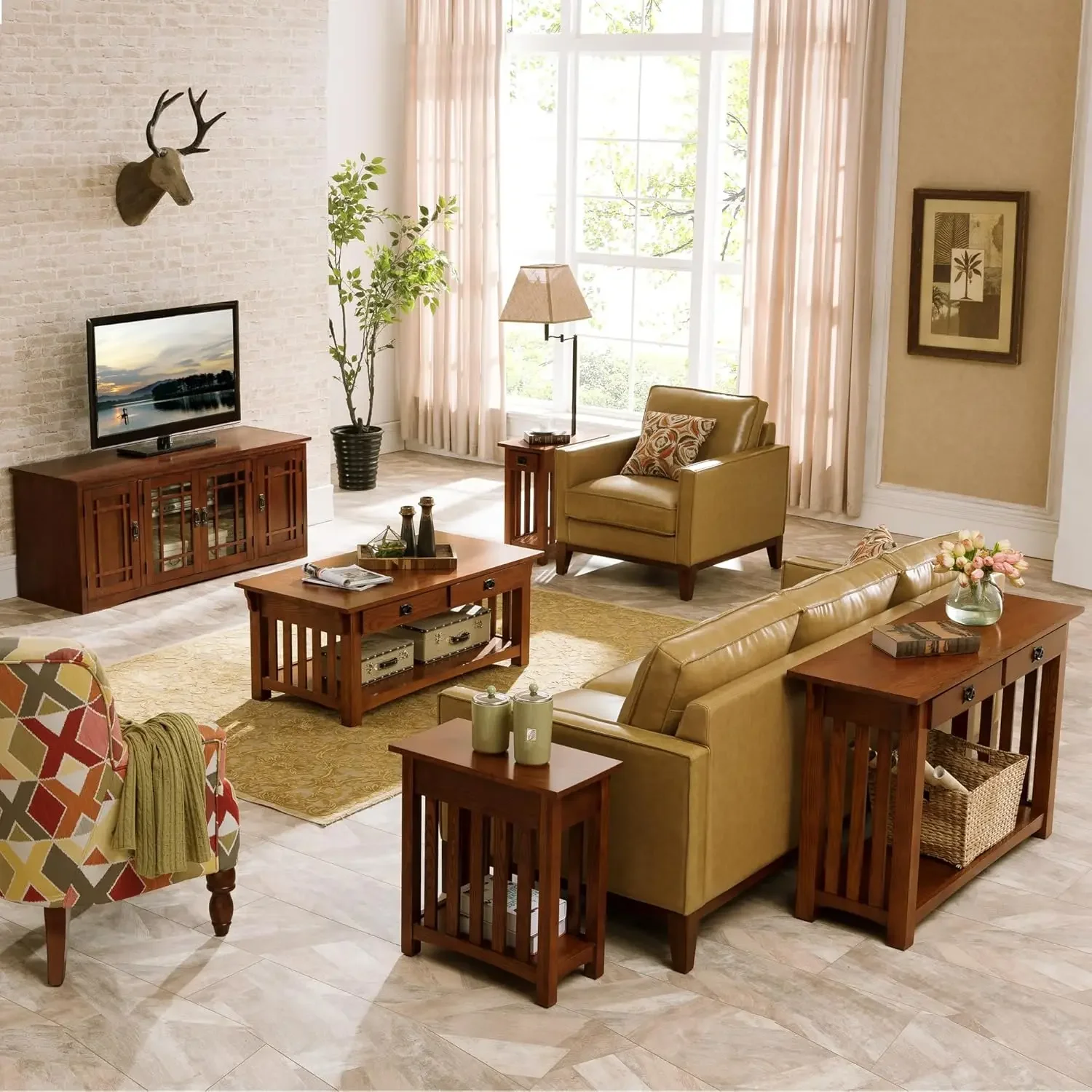 [Nuovo arrivo! ]Mission Impeccable Tavolino da caffè, legno massello con 2 cassetti e ripiano, finitura rovere medio, ferramenta annerita, a doghe