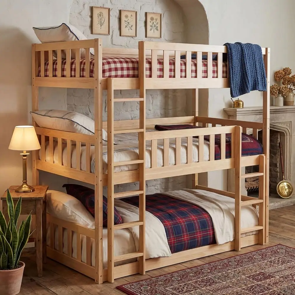 

Triple Bunk Bed - Solid Wood Twin Over Twin Over Twin with 2 Ladders, 3-in-1 Design, Safety Rails, for Kids' Bedroom, Natural