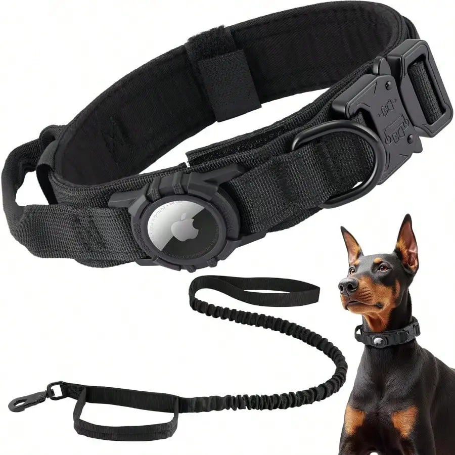 Tactical AirTag Dog Collar Leash Set - Heavy Duty Adjustable GPS Collar Compatible With Apple AirTag With Holder And Contro