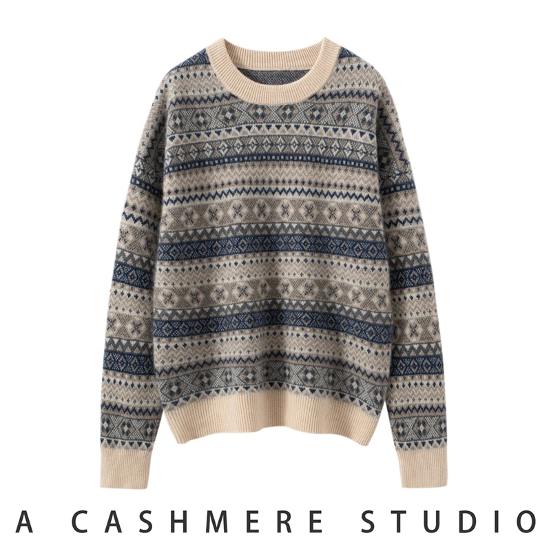 

Women's 100% Cashmere Sweater O-neck Long Sleeve Jacquard Knit Pullover Autumn Winter Casual Style Loose Thick Cashmere Knitwear