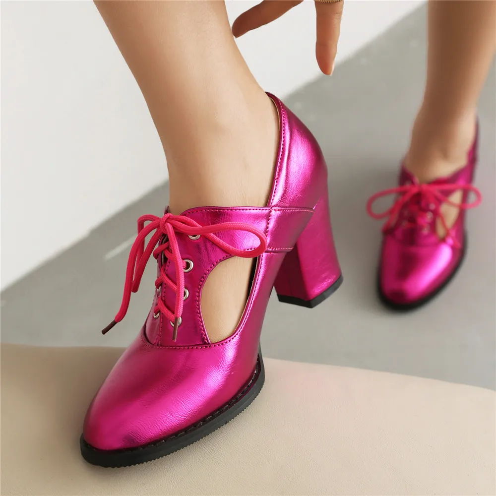 2024 New Women Hollow Breathable Pumps Shallow Brogue Ladies Vintage Oxford Shoes Lace-Up Chunky High Heels Female Gold Silver