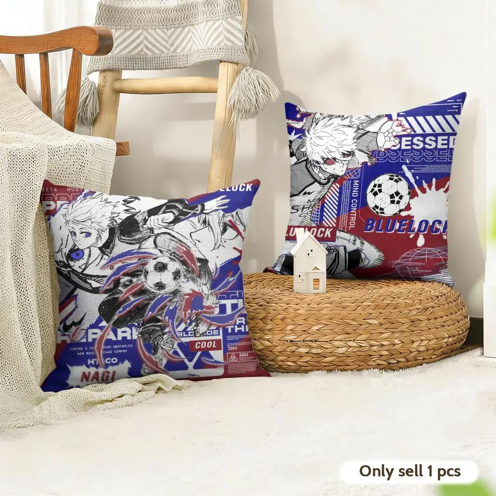 B-Blue LockS Anime Role Cushion Cover Natural Linen Organic Fabric Double-Sided Printing Room Sofa Decor Pillow Case