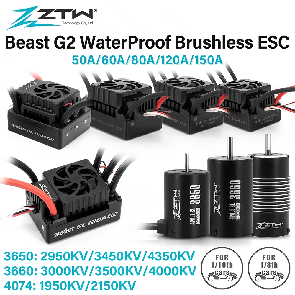 ZTW 32-Bit Beast G2 SL 50A/60A/80A/120A/150A ESC Waterproof Brushless Speed Controller with 3650/3660/4074 Motor Combo for 1/8