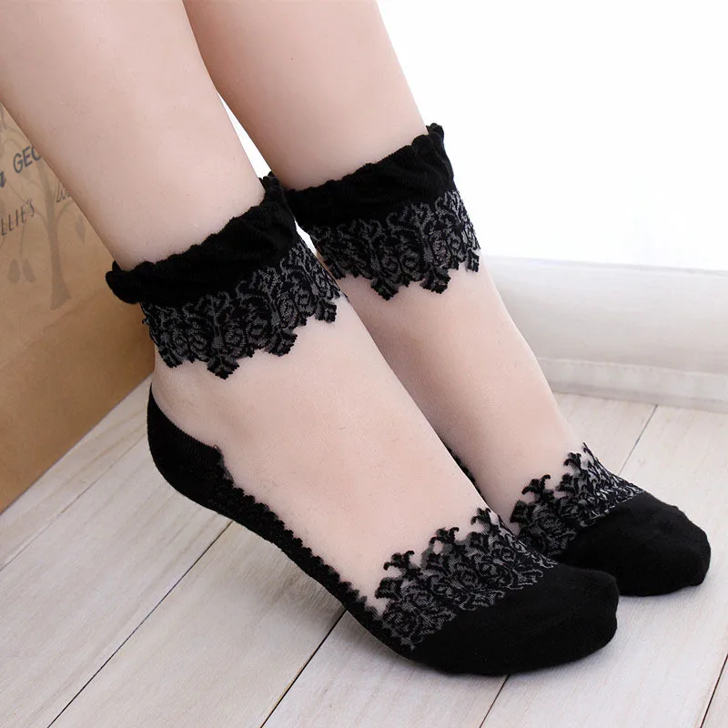 

Women Cute Lace Ruffle Ankle Socks palace style Soft Silk Elastic Mesh Knit Frill Trim Transparent summer Women's gym yoga socks