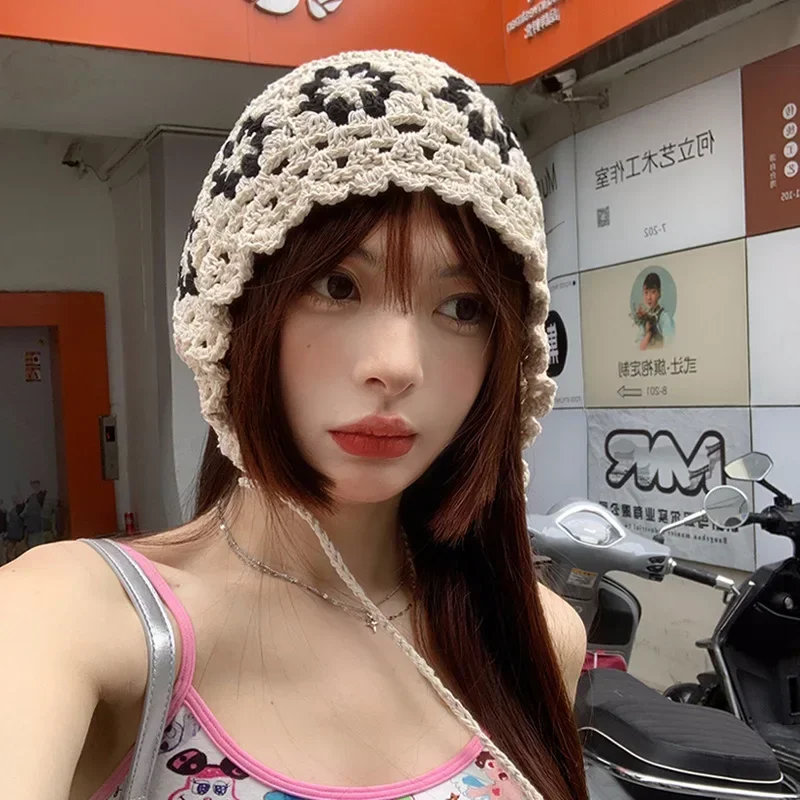 Japanese Hand-woven Girl Hollow Thin Knitted Bucket Hat Summer Headscarf Hats Cute Breathable Beanie Cap Fashion for Women Caps