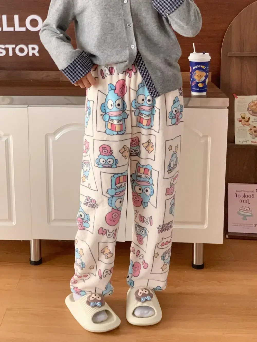 Novo kawaii calças de pijama de pelúcia cinnamoroll olá kitty sanrios anime kuromi mulheres inverno quente roupas para casa engrossar calças bonito