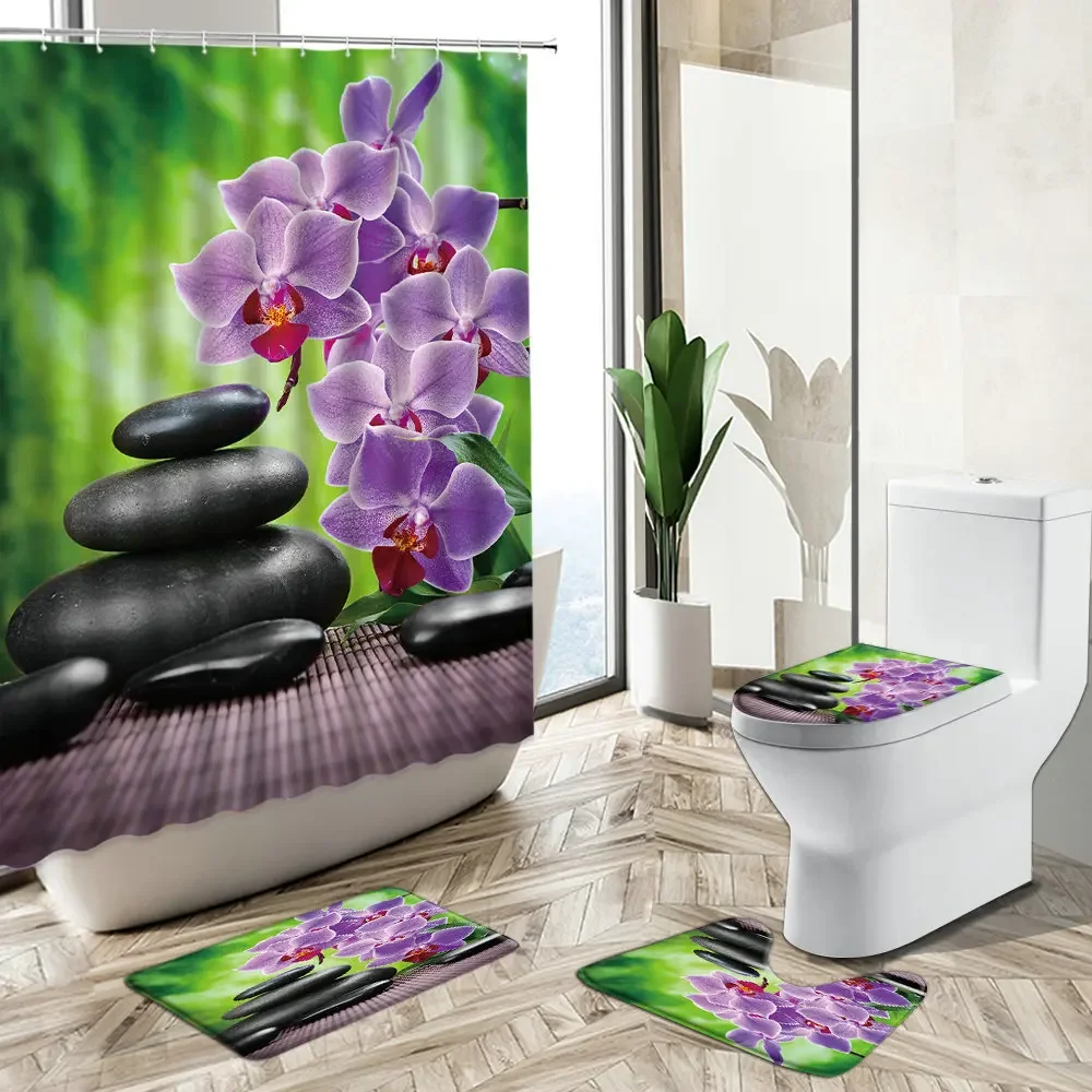 Zen Shower Curtain Set Spa Water Orchid Flower Stone Green Bamboo Non-Slip Pedestal Rug Toilet Cover Bath Mat Home Bathroom Deco