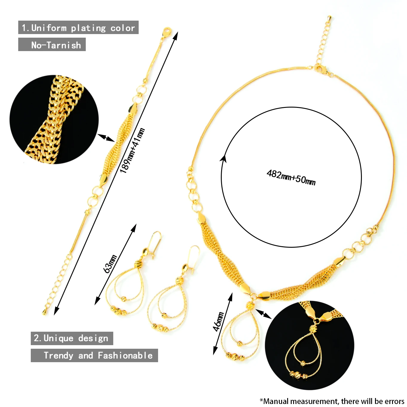 Dubai Mode Wassertropfen-Schmuckset 24k Vergoldet Arabische Exquisite Perlen Halskette Armband Ohrringe Oman Brautschmuck – Detail 2