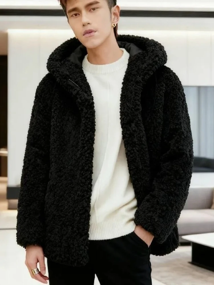 

Men's Winter Hooded Zip-Up Lambswool Fleece Jacket Parkas Thick Warm Retro Casual Versatile Quilted Coat Winter Outerwear