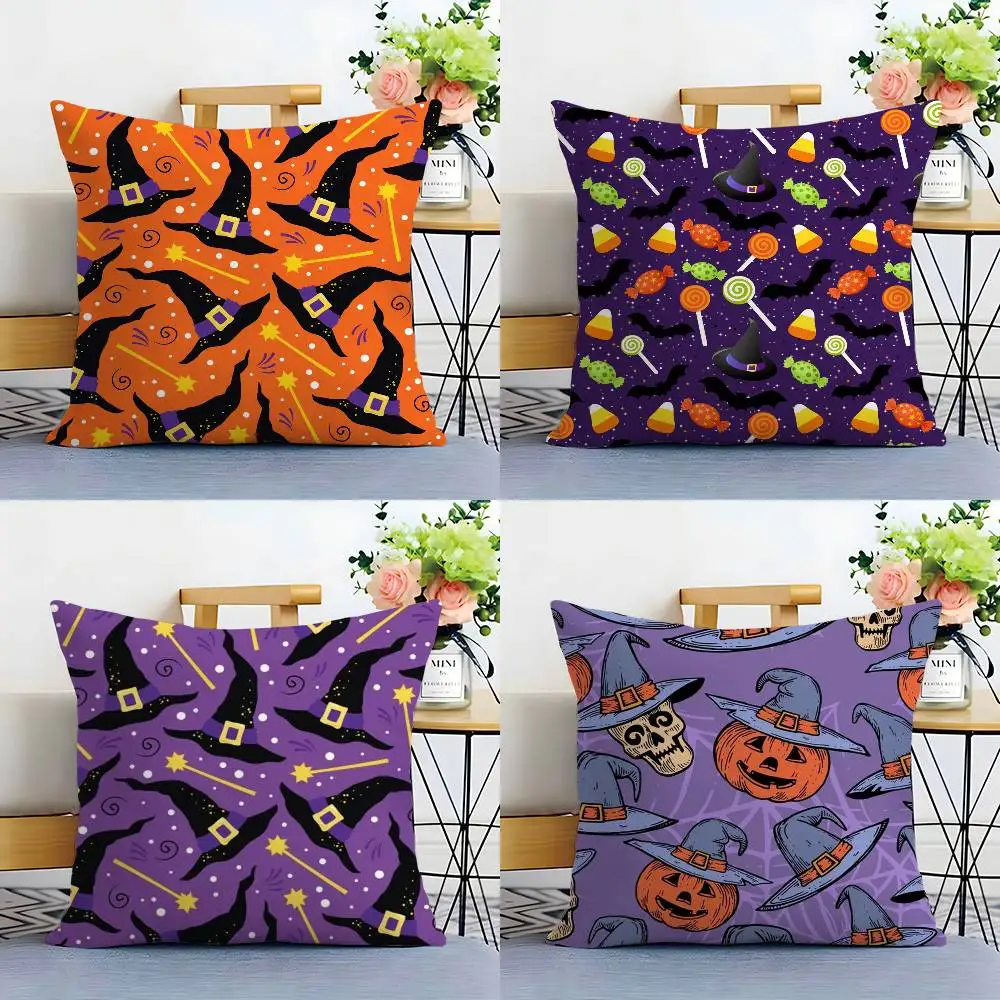 Halloween Witch Hat Skull Pillow Case Sofa Living Room Bedroom Double-sided Printing Square Cushion Nap Time Cushion Cover