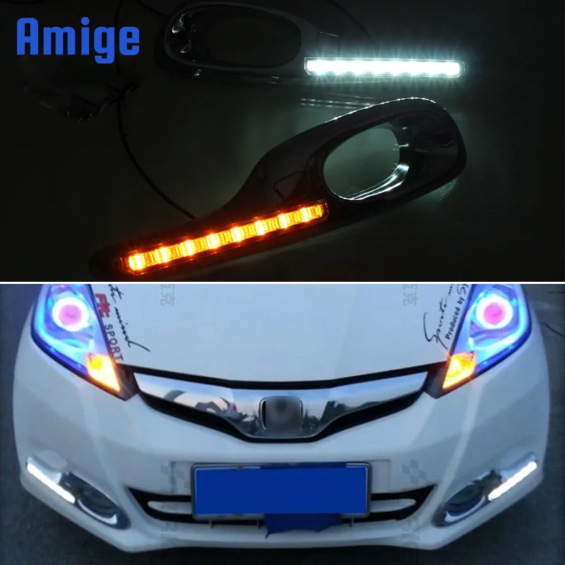 Car LED DRL 12V Daylight For Honda Jazz Fit 2011 2012 2013 Yellow Turn Signal Indicator Daytime Running Light Fog Lamp Headlight