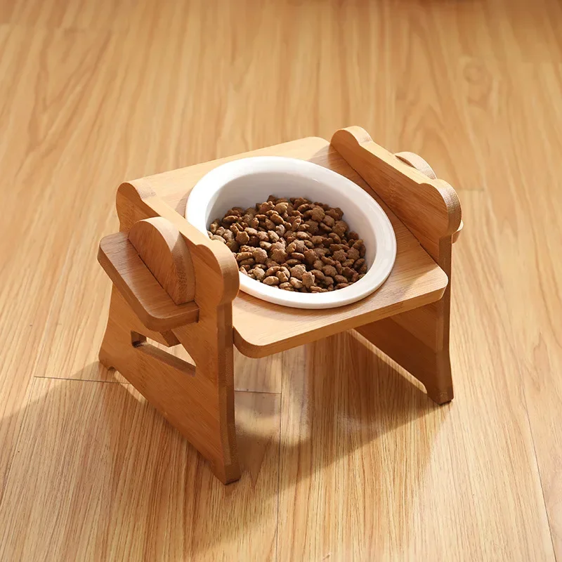 

Stand Raised Wooden Food Table Pets Feeder Bowl Double Supplies Cat Ceramic Pet Dog Water Dish Cute