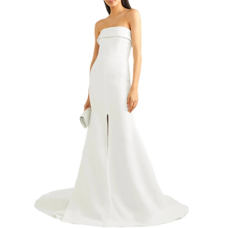 Customized Minimalist Strapless Crepe Mermaid Wedding Dress with Front High Slit and Fold Tube Neck Bridal Reception Sleek Civil