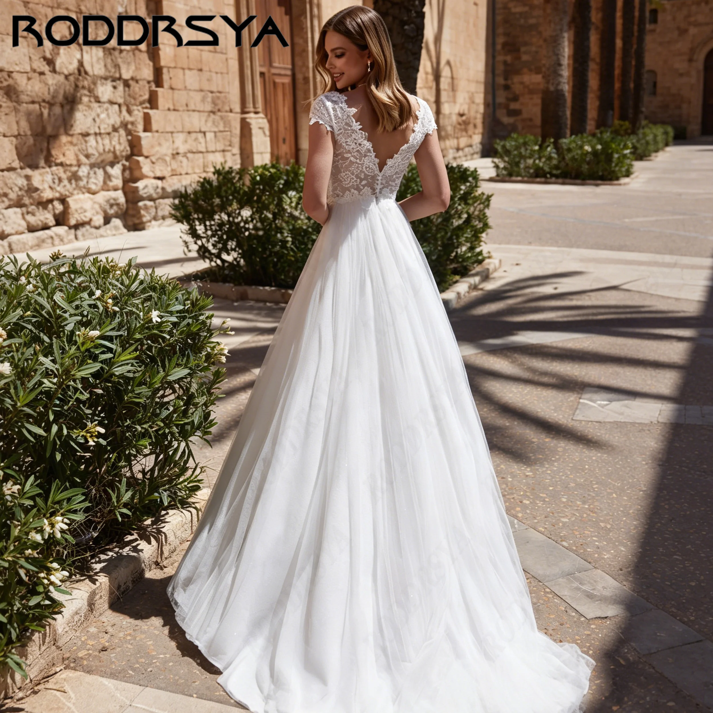 RODDRSYA Delicate Lace Appliques Wedding Dress V-Neck A-Line Bridal Gown Backless Tulle Elopement robe de mariée Customized