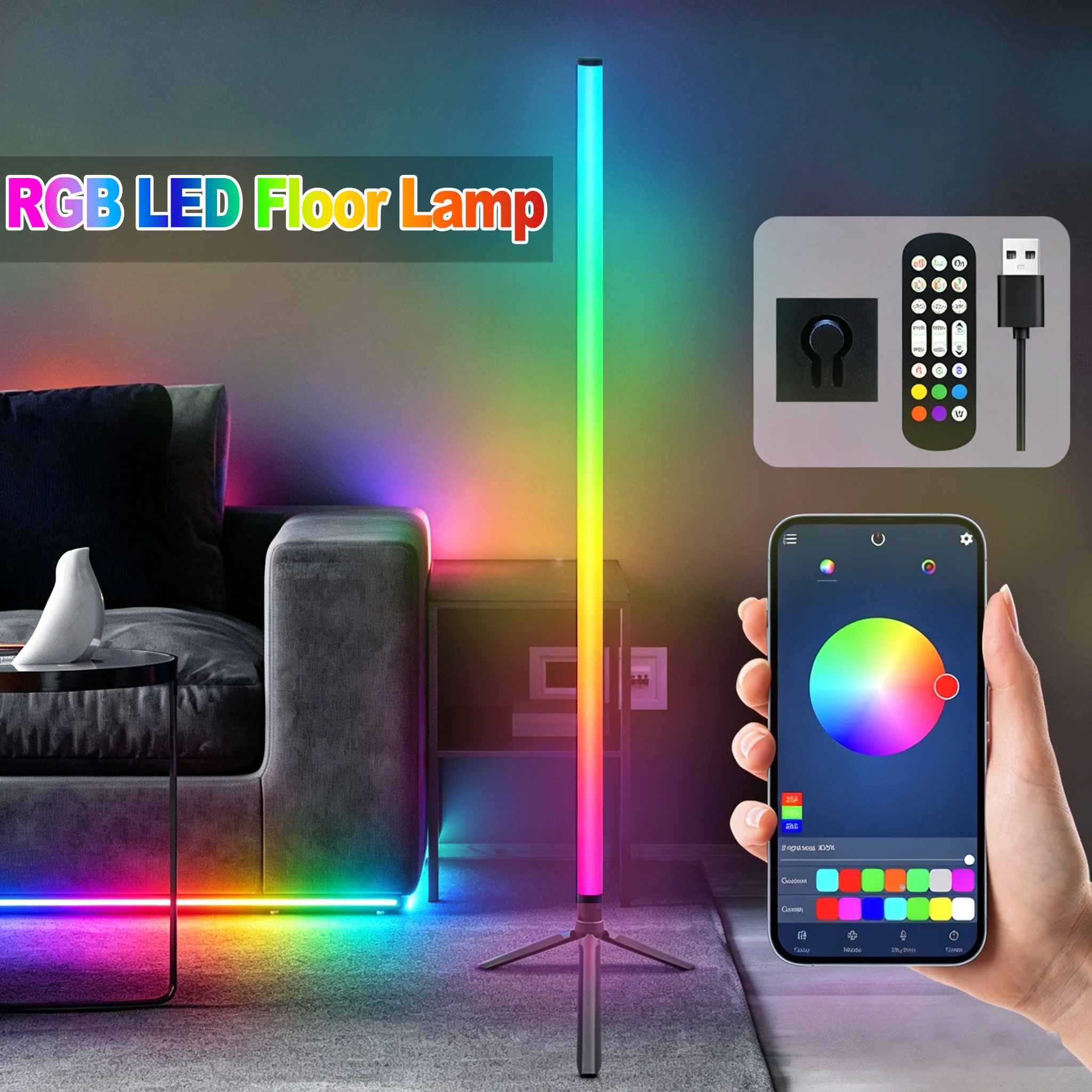 Smart LED 5V USB WS2812 RGB Floor Lamp RGB Remote & APP Control Music Sync Corner Lighting Modern Mood Standing Lamp for Room 5V