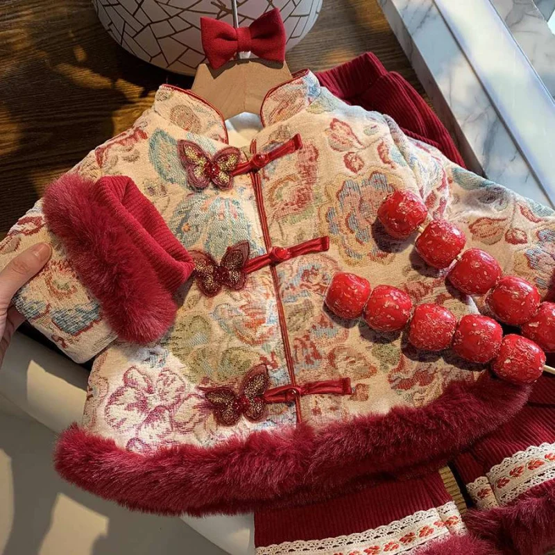 

01-Girls' Hanfu New Year Greeting Outfit Autumn Winter New Set Chinese Style Set Baby Girl's First Birthday Dress Autumn Winter