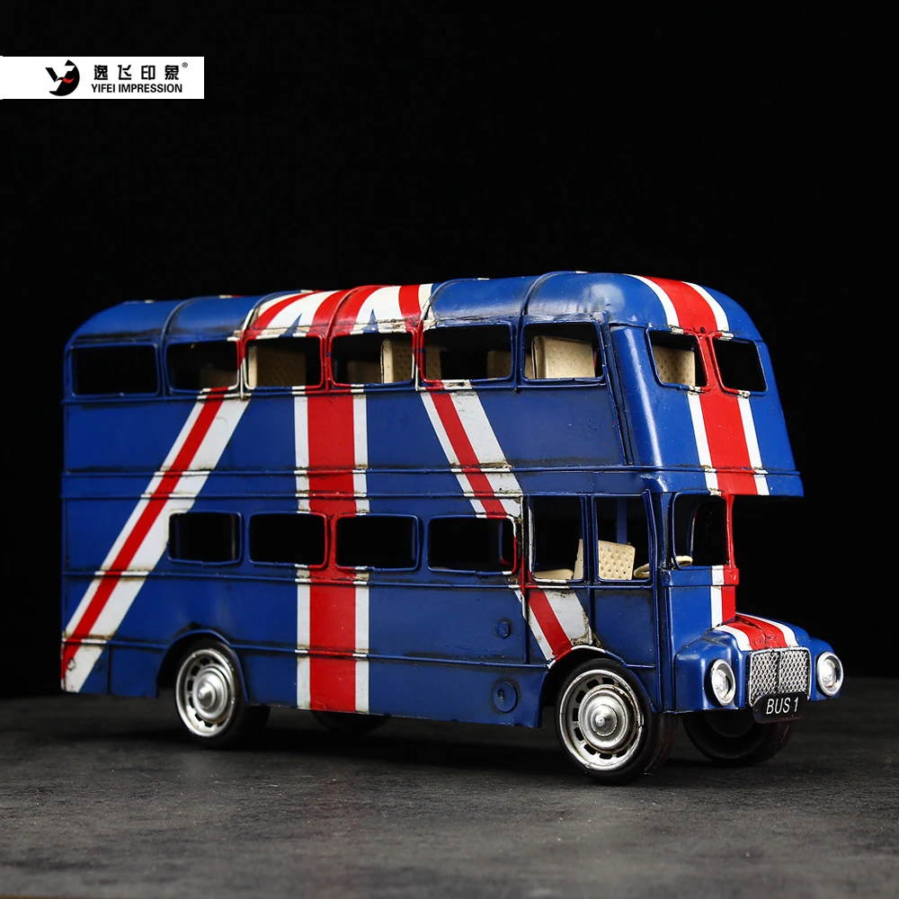 Vintage Iron Double Decker Bus Model Union Jack Design Home Decor Ornament For Bar Cafe Room Photography Prop Collectible