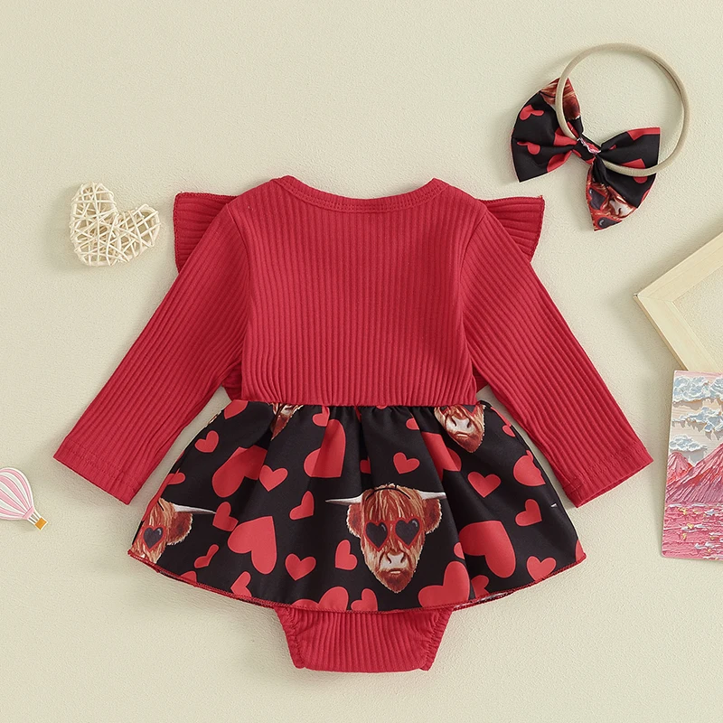 Western Baby Girl Heart Romper Dress Ribbed Bodysuit Long Sleeve Cow Print Ruffle  Infant Valentines Day Outfit