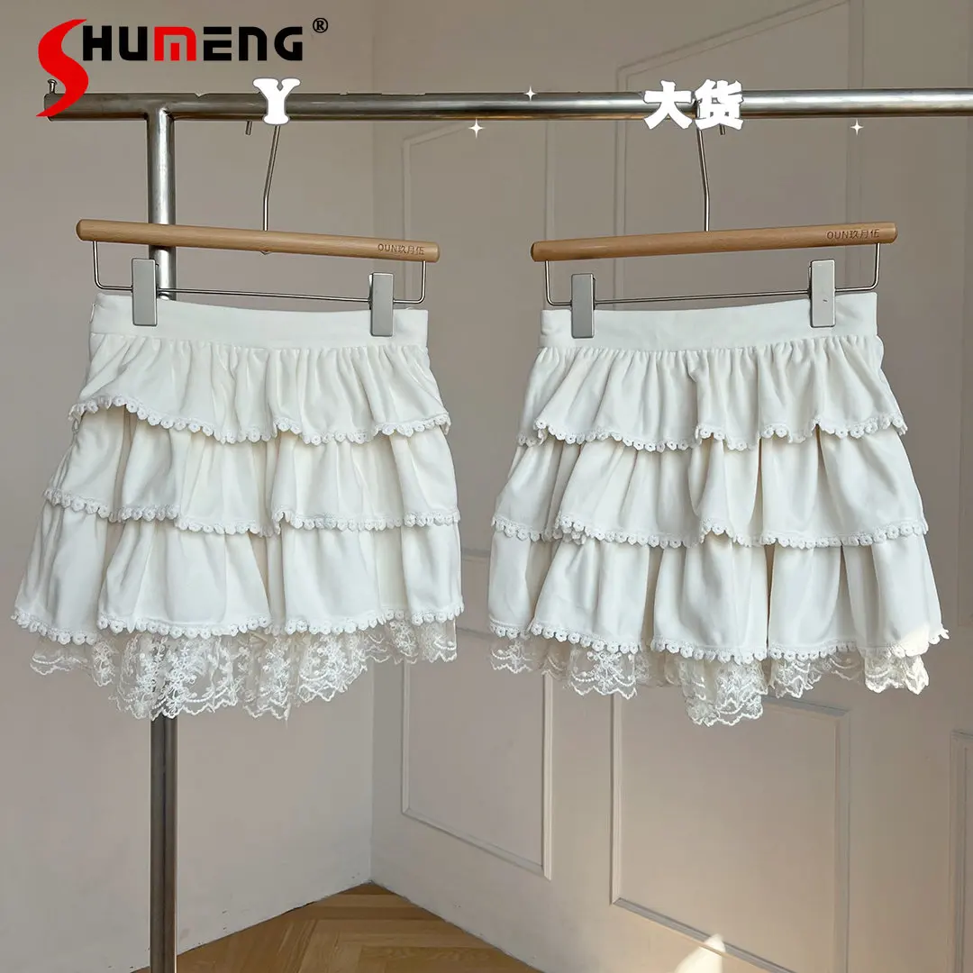 

Elegant Lace Puff Skirt for Women 2023 New Spring and Autumn Design Heavy Industry High Waist White A- Line Pleated Mini Skirt