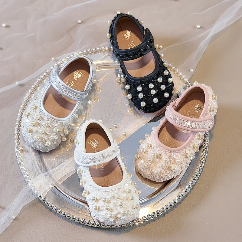 

2025 Spring Autumn New Children Leather Shoes for Girls Fashion Korean Style Soft Sole Anti-slippery Princess Beading Party Shoe