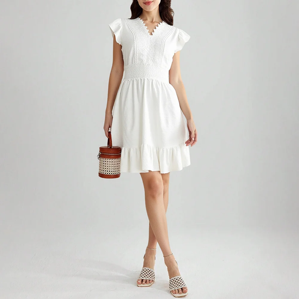 Sukienki Letnie Francuskie Gładkie Żakardowe Krótkie Falbanki na Ramionach Dekolt w Serek Marszczenie Falbana Mini Rozkloszowane Sukienki dla Kobiet