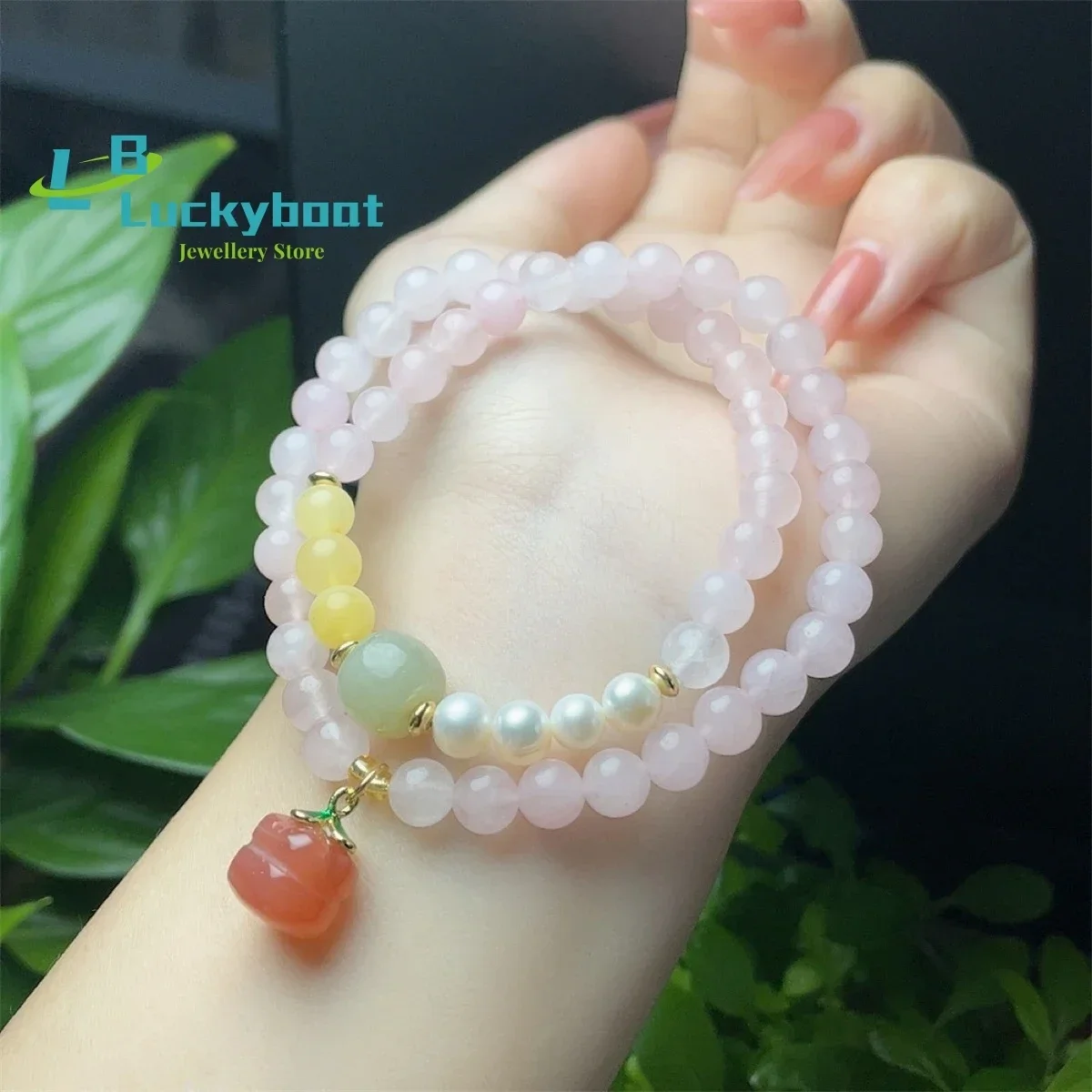 Pink Crystal Multi Ring Bracelet For Women's Natural Agate Persimmon As A Gift To Her Best Friend And Girlfriend Jewellery Charm