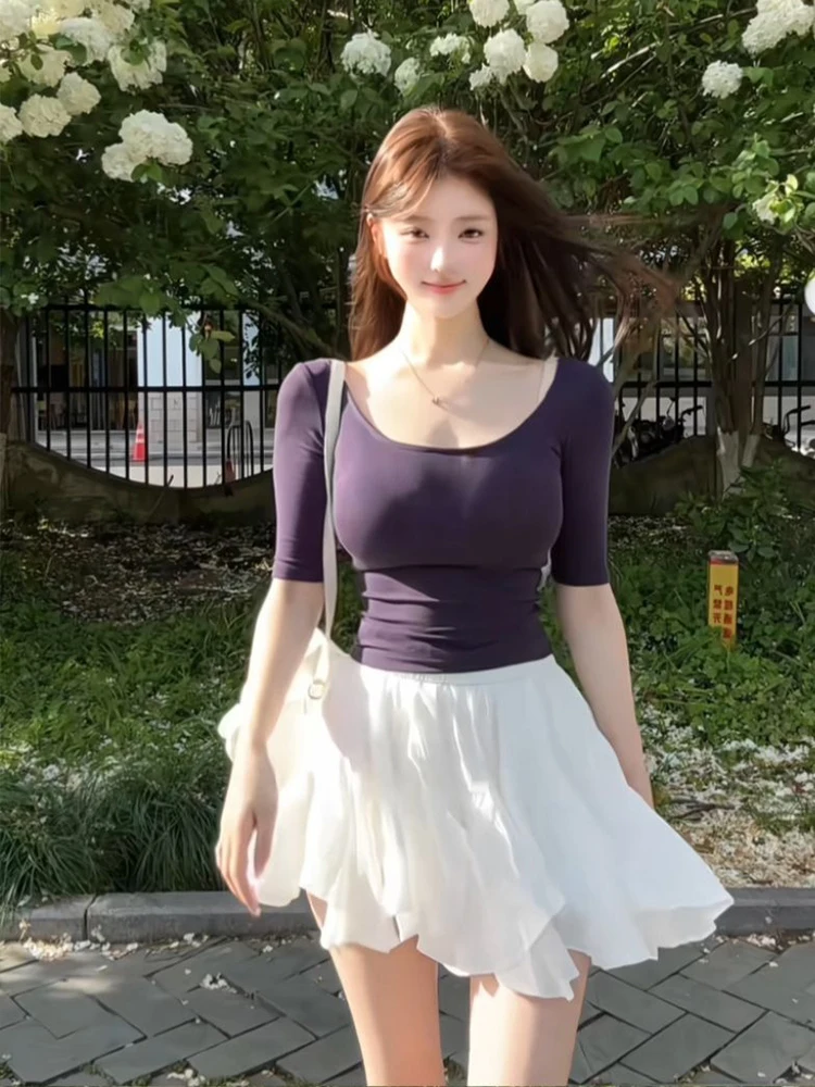 

Syj ujia plus Size Pure Desire Sexy Girl Slim Fit U-Ne Top And Puffy Skirt Set Women's White Me Puffy Skirt Set