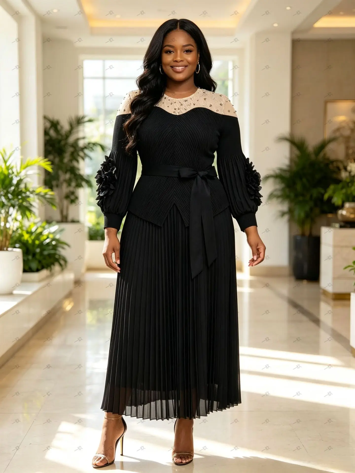 Miyake Autumn Loose Women's Bead Splicing Bubble Sleeve Knitted Top High Waist Pleated Medium and Long Skirt Two-piece Set