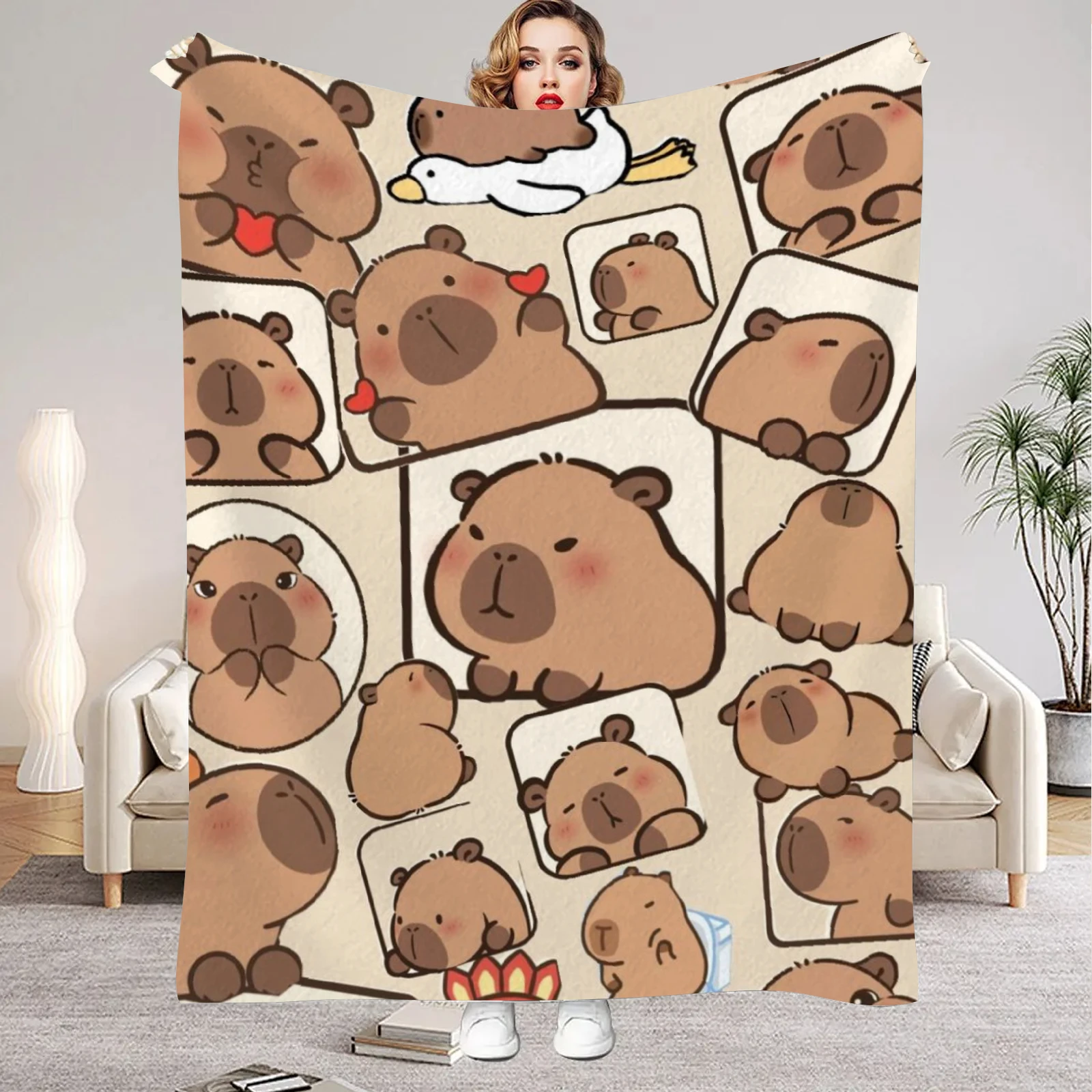 1Pc Digital Printed Capybara Style Flannel Blanket Mattress Cover Blanket for Family Beds,Sofas,Offices,Outdoor Camping