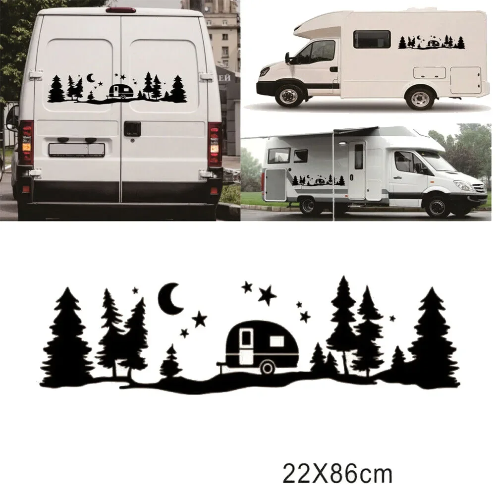 Black Car RV Camper Sticker Motorhome Star Moon Tree Graphic Vinyl Decal 86x22cm Funny Decals Auto Interior Decoration