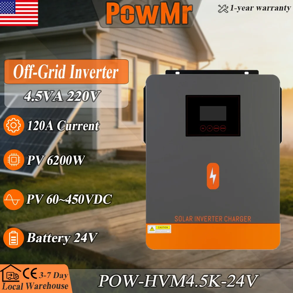 PowMr Off Grid Solar Inverter 4.5VA/6.5VA Pure Sine Wave Inverter MPPT 60 to 450Vdc 20A Max Charging Current Support RS485 BMS WiFi Remote UPS with LCD Display for Home Solar System