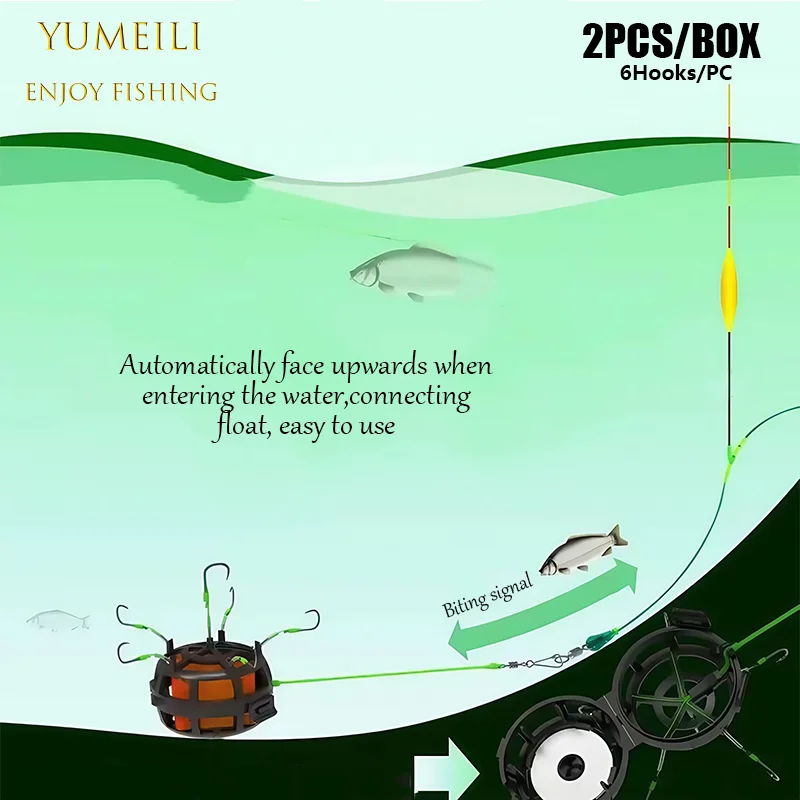 YUMEILI 2PCS Automatic Flip Overhead Hook Fishing Set - Each Piece Includes 6 Hook Bait Cages, with ABS Material Cage Structure