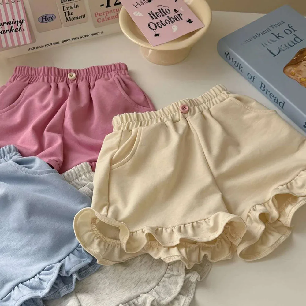 1-6jaar Oude Meisjes Dunne Shorts 2024 Zomer Puur Katoenen Losse Ruches Kanten Korte Broek Baby Kids Hotpants Kinderkleding ﻿