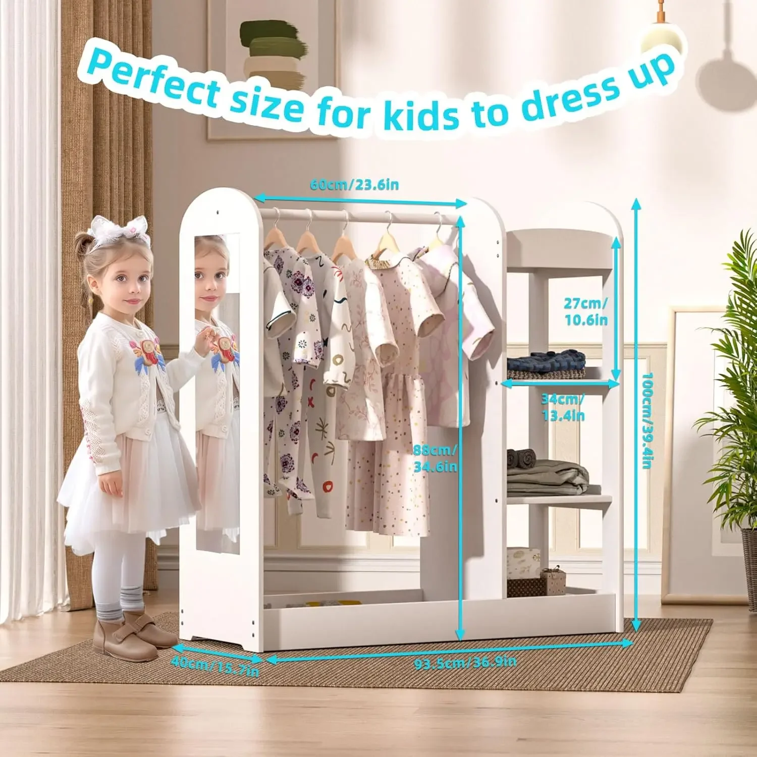 Full Length Mirror, Kids Armoire Wardrobe Closet with 3-Tier Shelve, Clothes Rack and Bottom Tray, Opening Hanging Baby Wardrobe