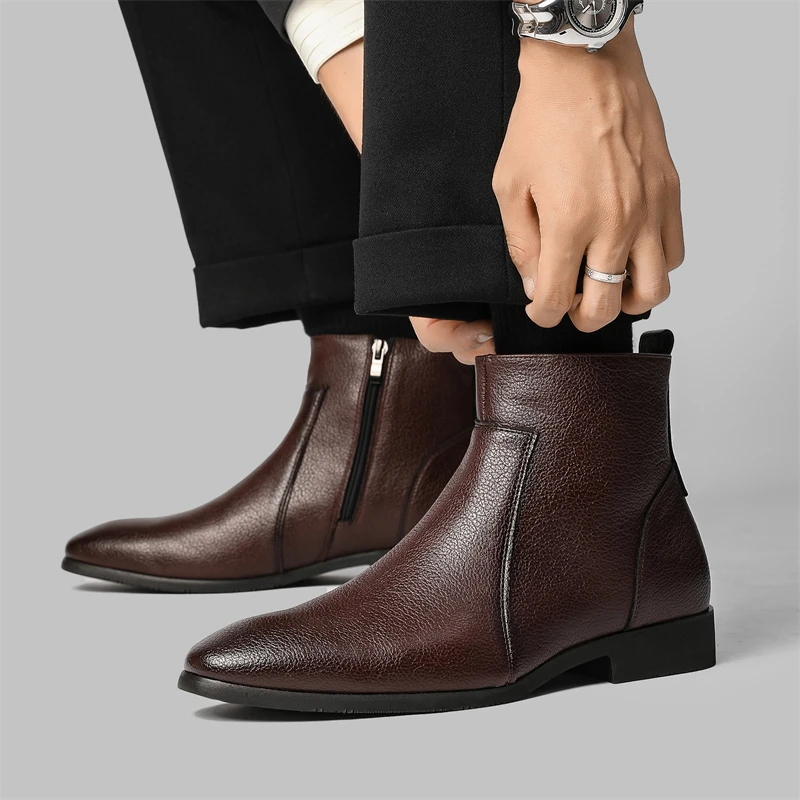Autumn New Men Minimalist Slim Fitting Soft Leather Boots with European American Pointed Business Office Side Zipper Short Boots